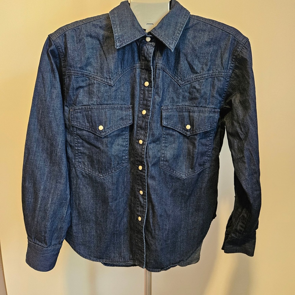 Banana Republic Denim Pearl Snap Shirt Womens Small Dark Wash Button Up Western